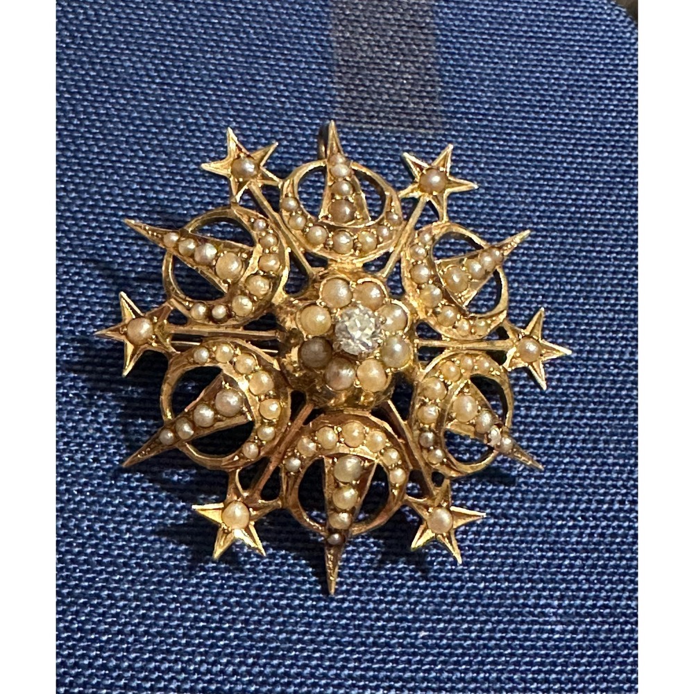 Antique 14k Seed Pearl & Diamond Star Snowflake Pendant Pin